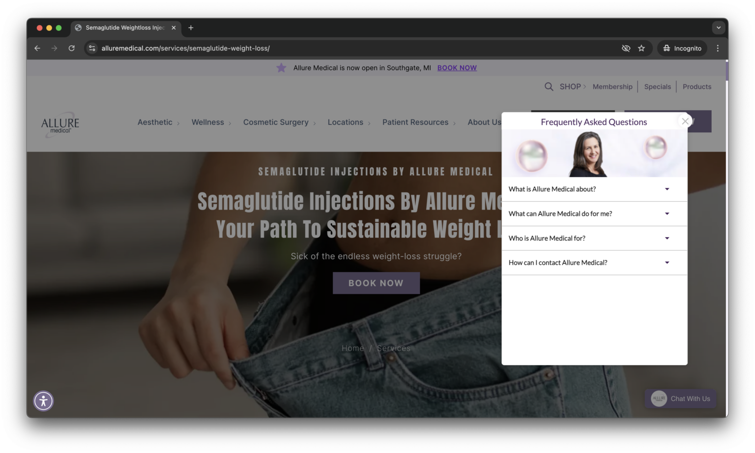 Interactive FAQ overlay on the Allure Medical website