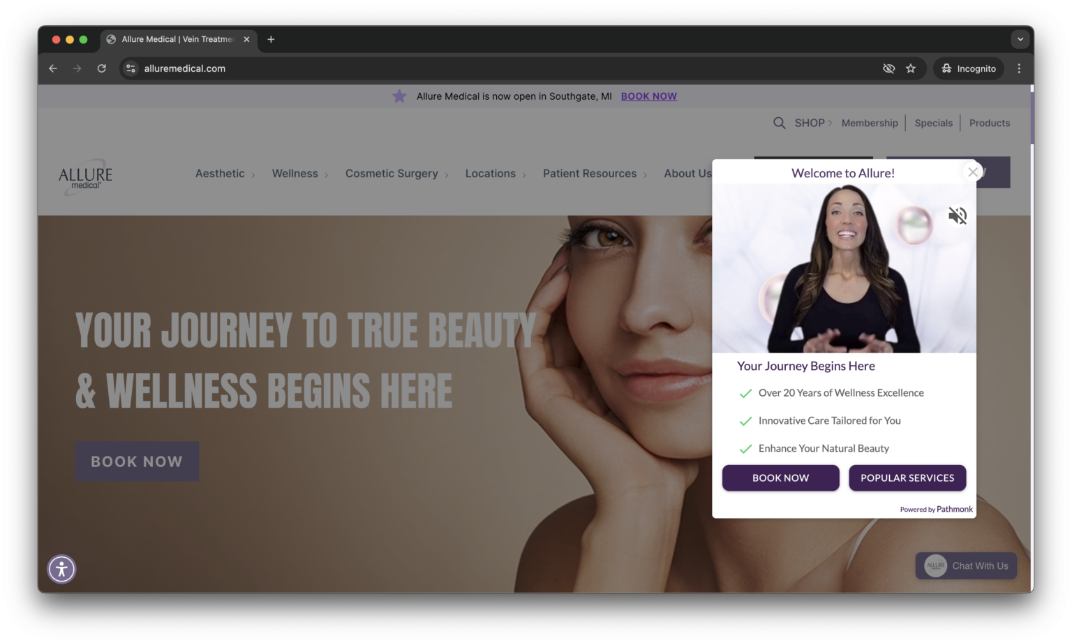 Awareness-stage welcome video on the Allure Medical website