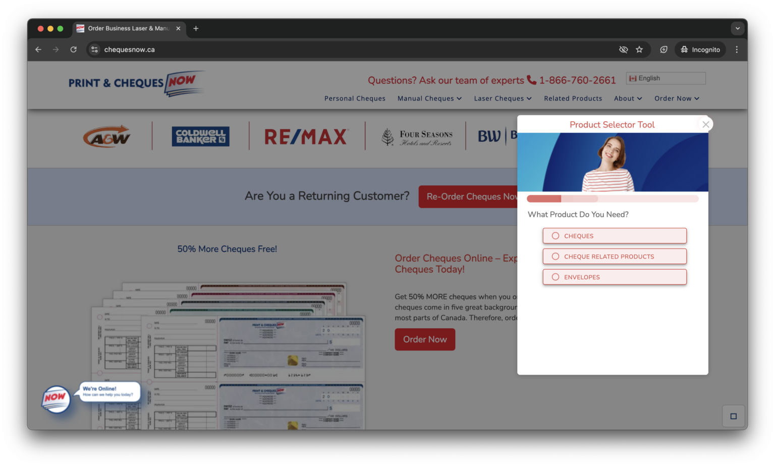 Smart product selector on the Cheques Now website asking which product the visitor needs