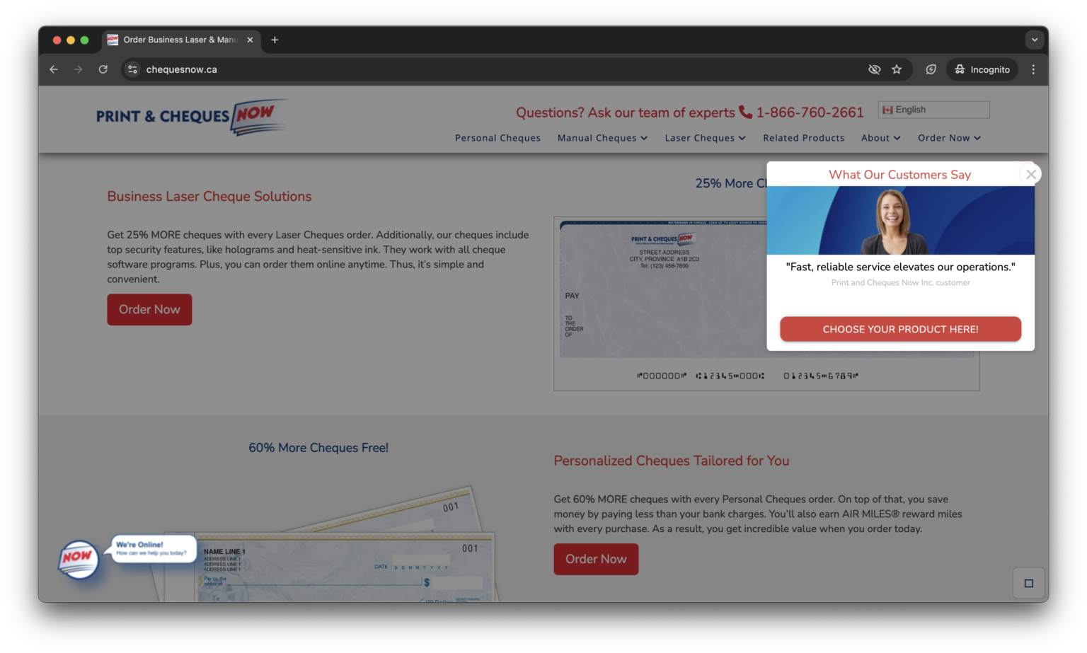 Customer testimonial microexperience on the Cheques Now website