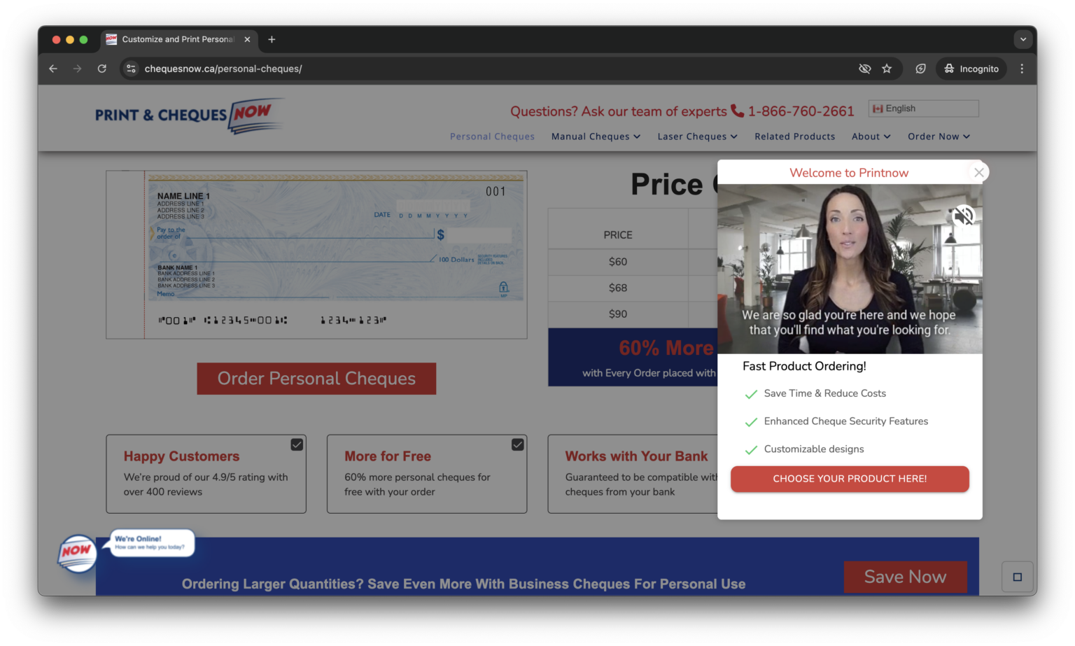 Welcome video microexperience on the Cheques Now website