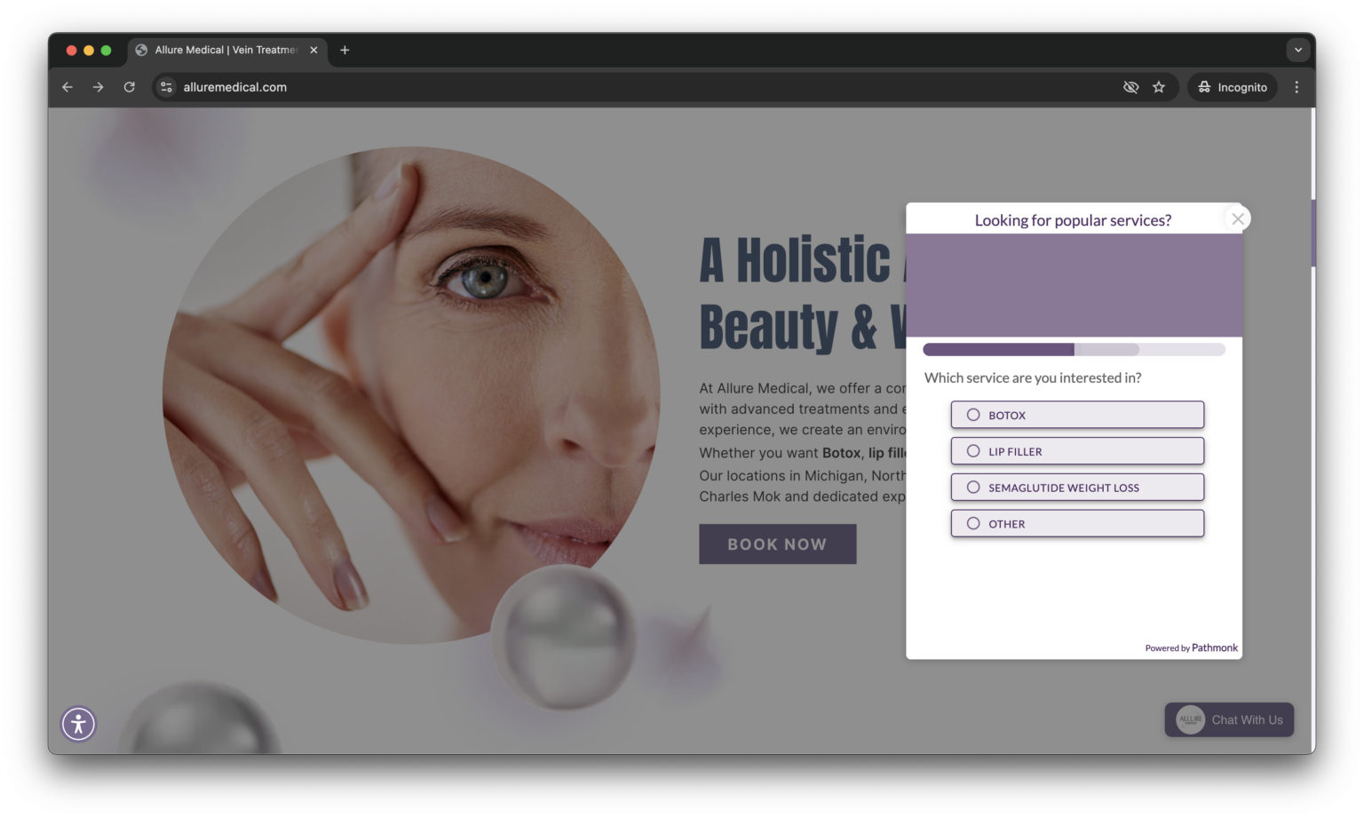 Service qualification survey on the Allure Medical website