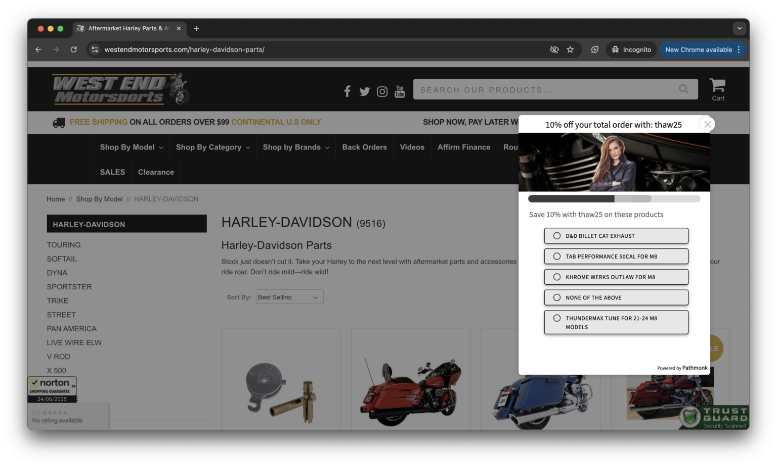 Coupon and discount microexperience on the WestEnd Motorsports website