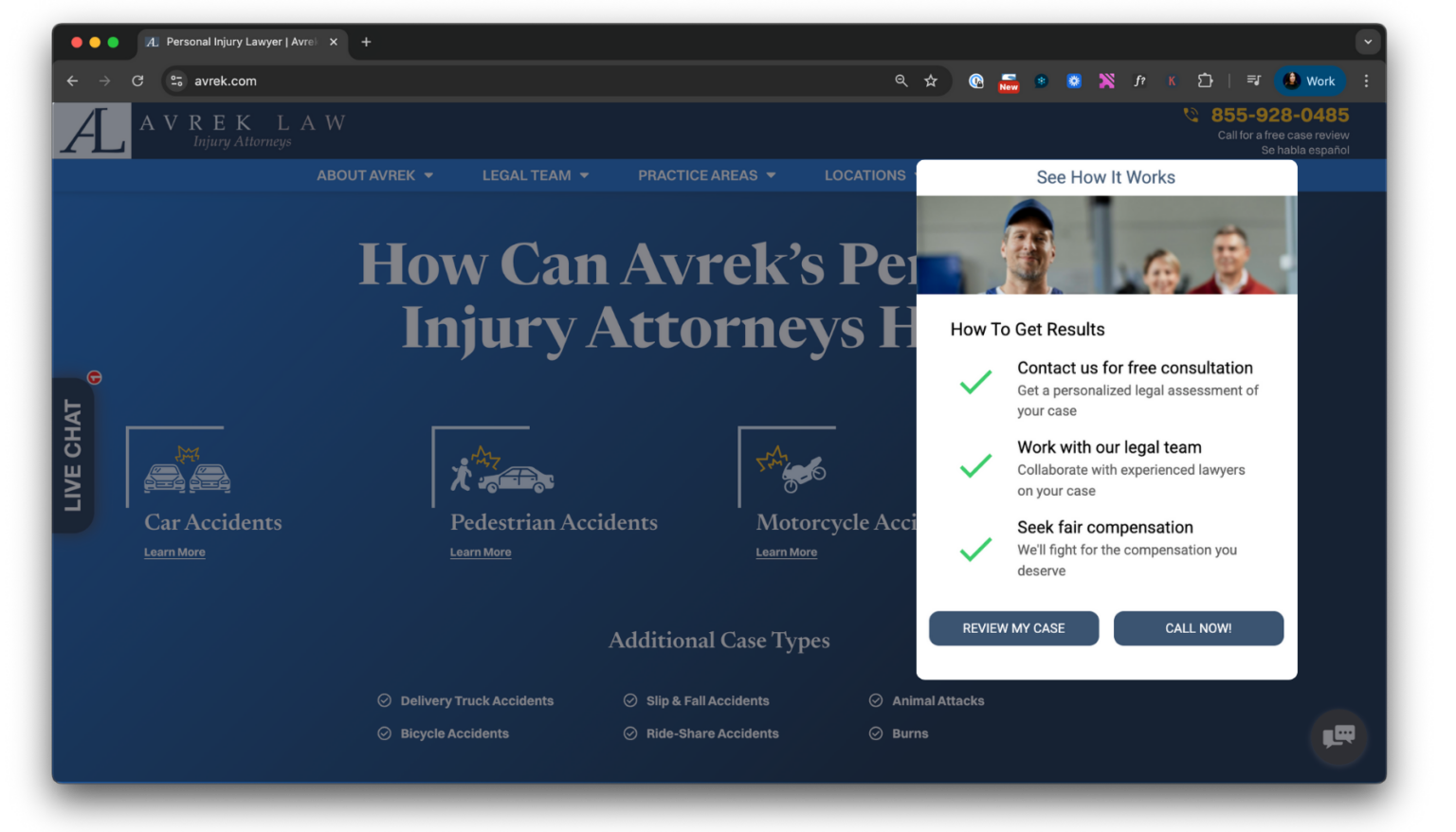 Reviews and contact microexperience on the Avrek Law Firm website