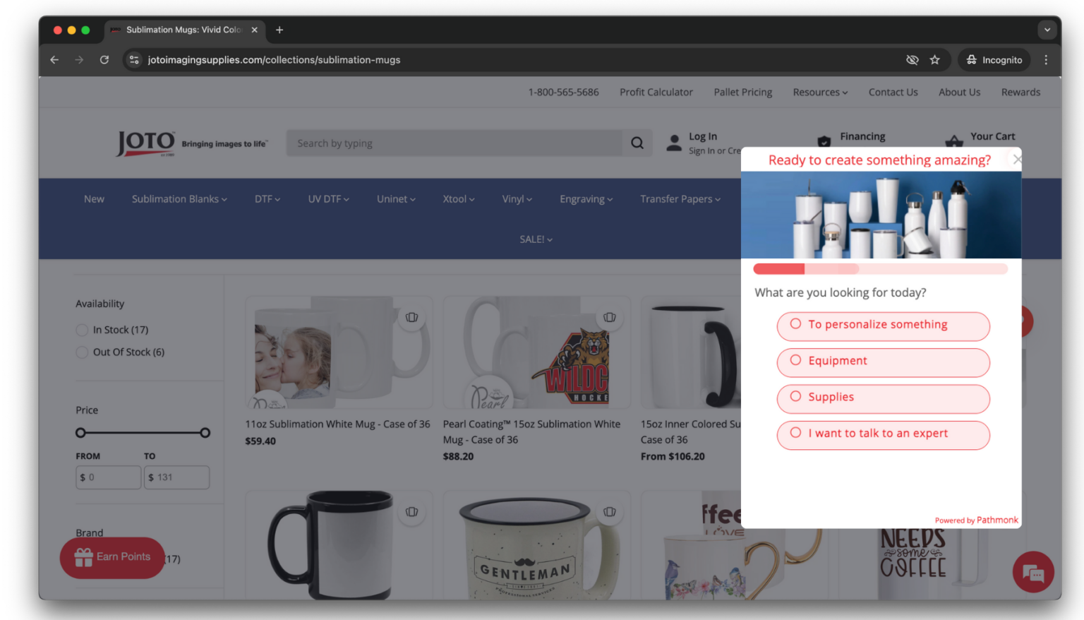 Product selector microexperience on the Joto Imaging Supplies website