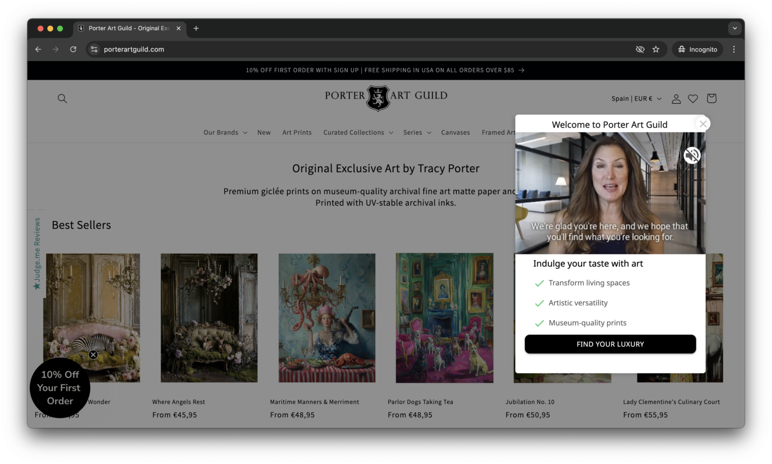 Awareness-stage brand microexperience on the Porter Art Guild website