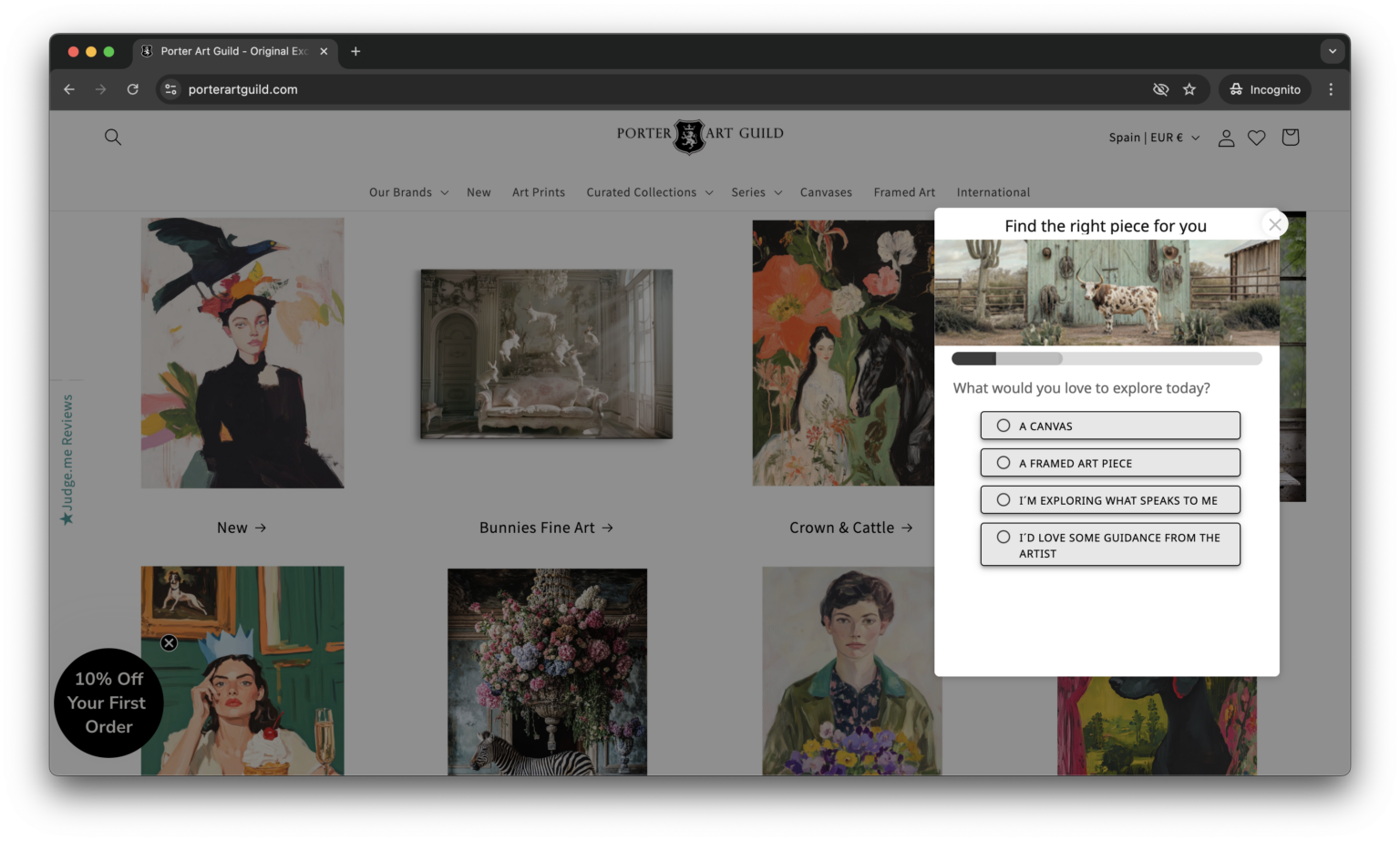 Curator-style qualification flow on the Porter Art Guild website, first step