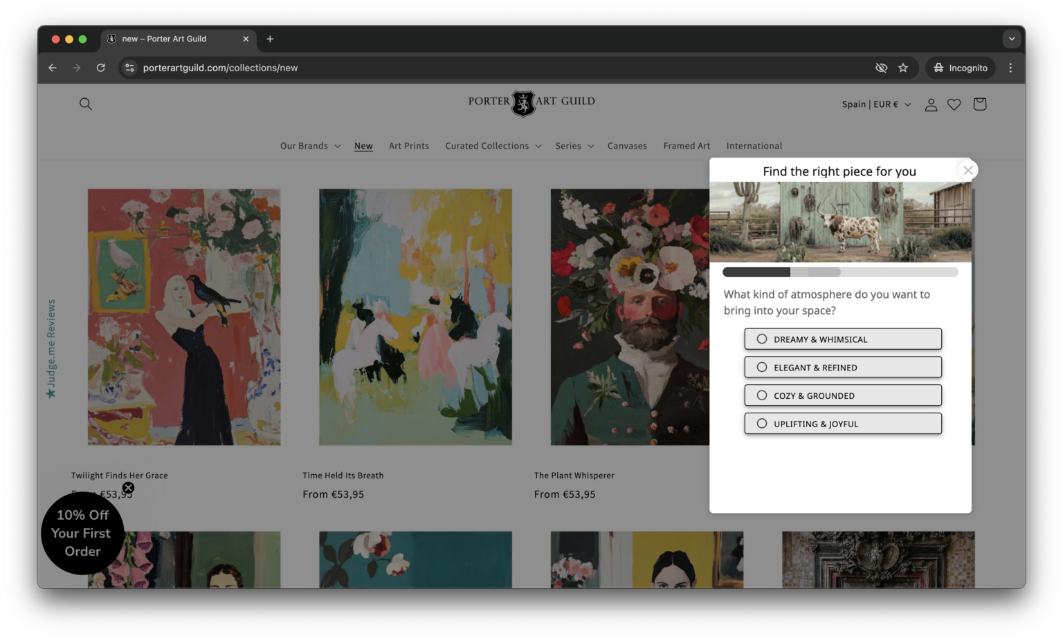Curator-style qualification flow on the Porter Art Guild website, recommendation step