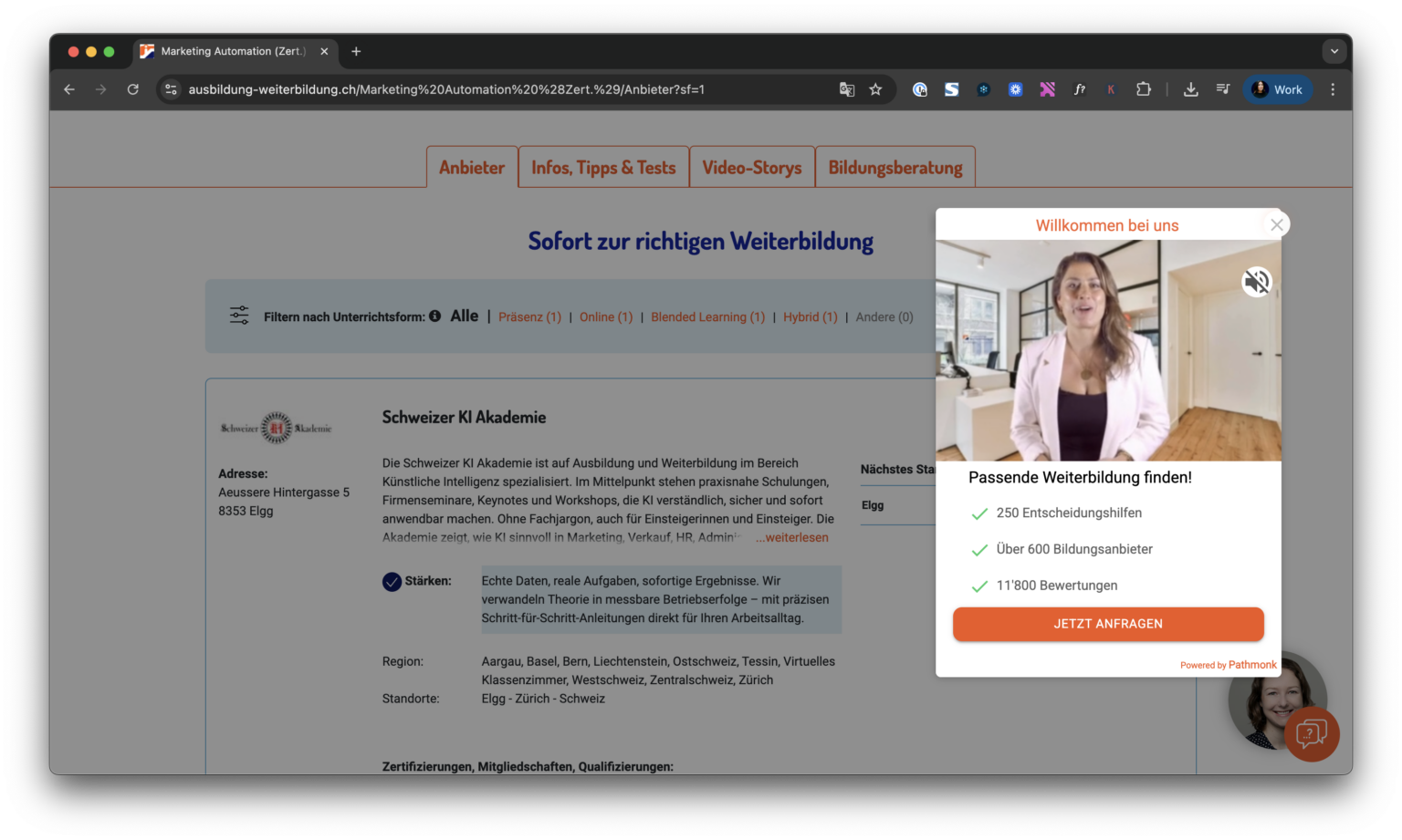 Context-aware Request now microexperience on the Ausbildung-Weiterbildung website