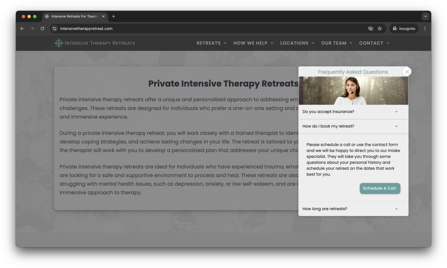 FAQ microexperience on the Intensive Therapy Retreats website