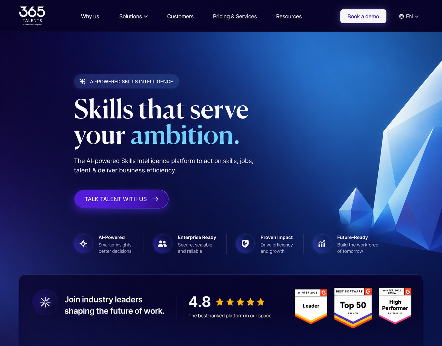 365Talents SaaS platform website screenshot showing multi-language enterprise interface