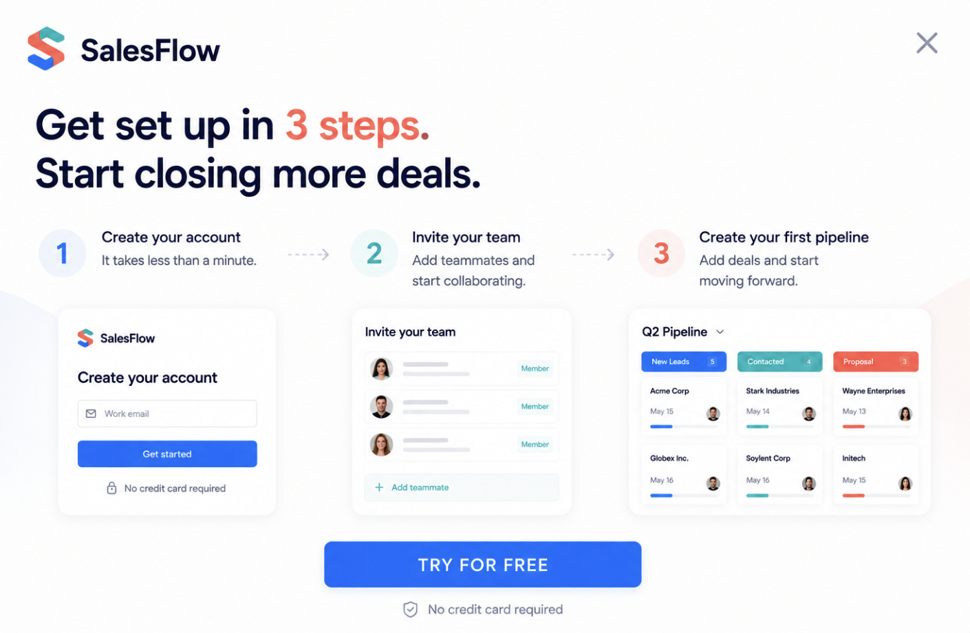 Microexperience: an onboarding card showing setup in three steps with no credit card required