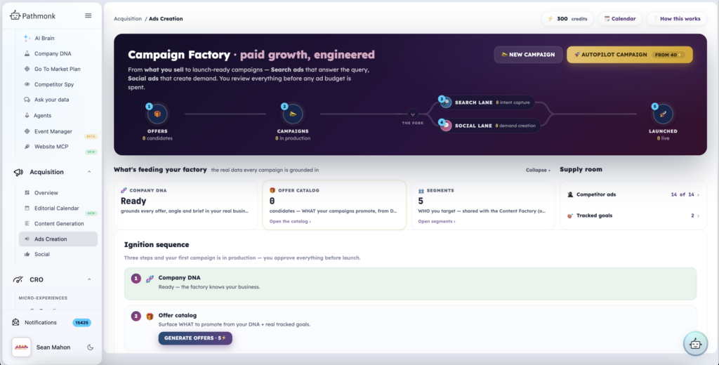 Campaign Factory: from offers to launch-ready campaigns, fed by Company DNA, segments and tracked goals