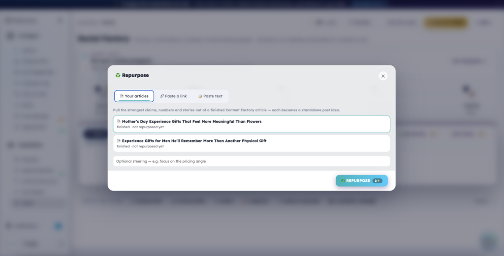 Repurpose: pick an article, paste a link or paste text